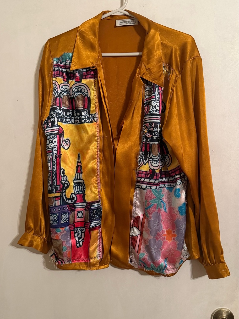 Katelyn Faena Rust Gold Satin Shirt with Printed Panels